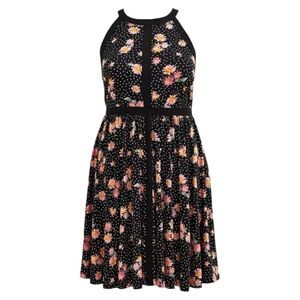 Torrid Plus Size 2X Dress Black Floral Polka Dot Halter A-Line Knee Length NWT